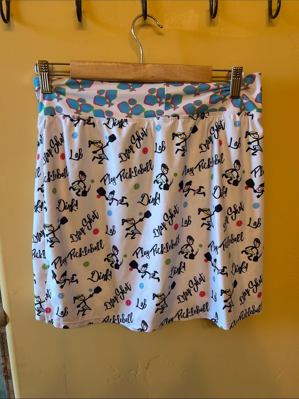 White Pickleball-Print Mini Skirt with Blue Accent Waistband